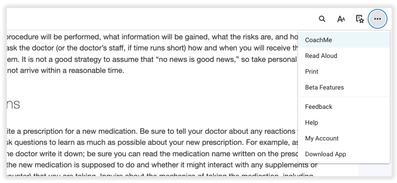 Coach Me dropdown menu