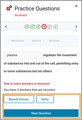 Practice questions retry button