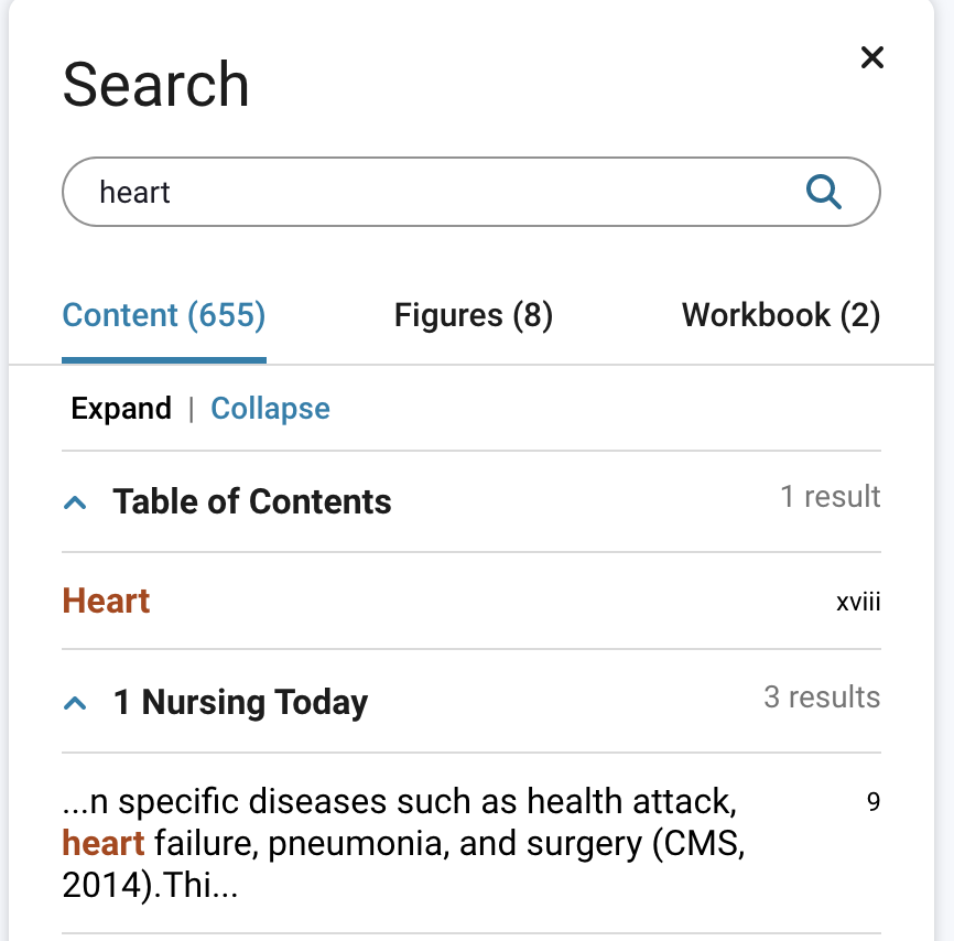 Content search results tab