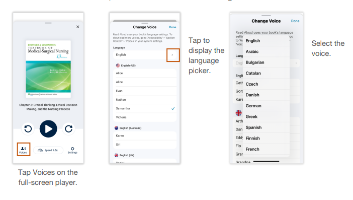 Select your reading out loud language menu