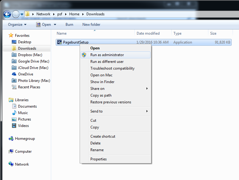 pageburst setup file on windows, run as administrator selected