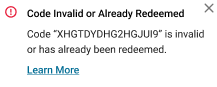 Code redeemed or invalid error message